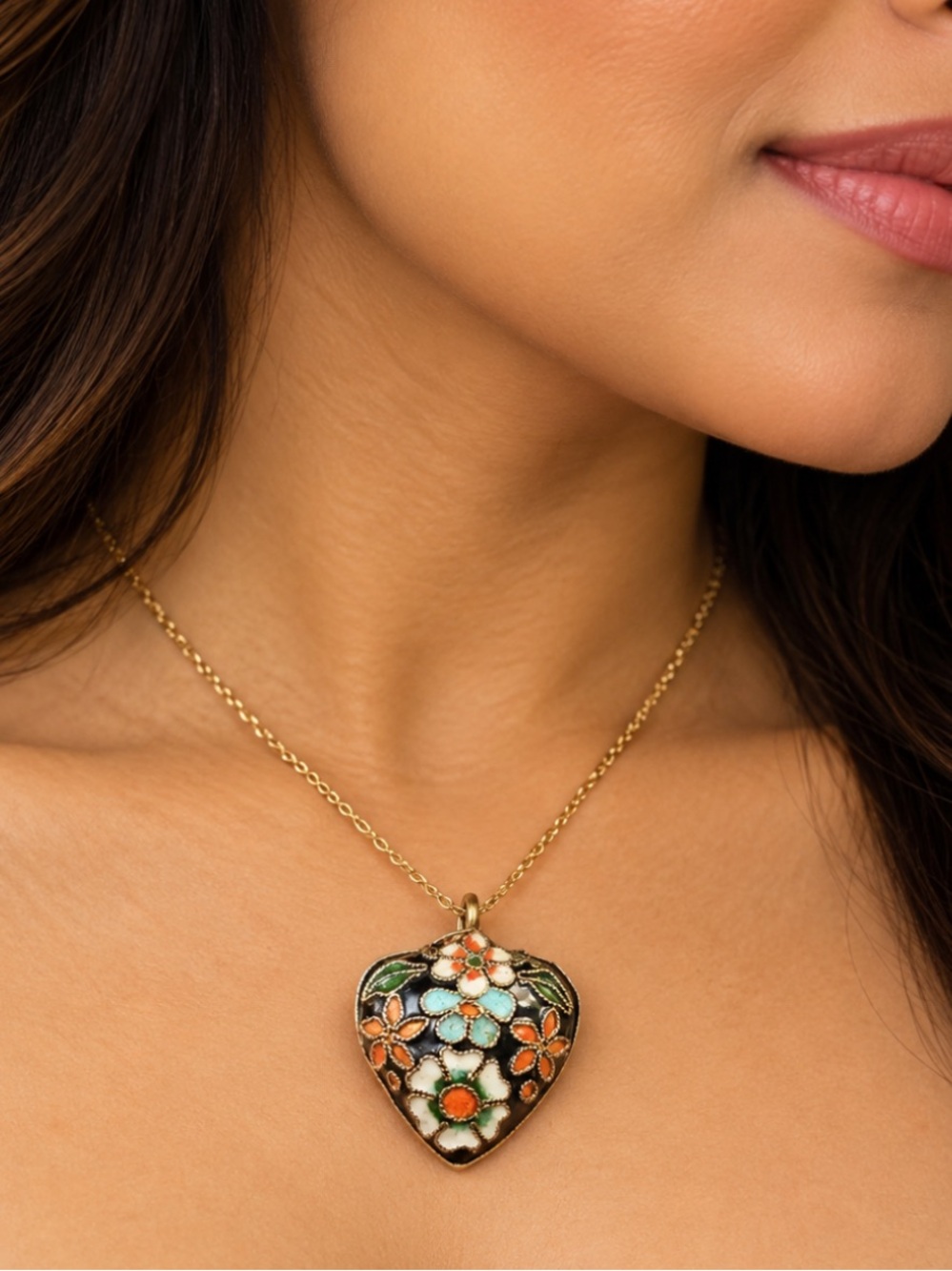 Cloisonné Floral Enamel Heart Pendant